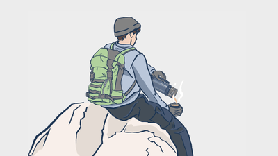 Illustration eines Wanderers mit Rucksack, der auf einem Felsen sitzt und eine heisse Getränke giesst.