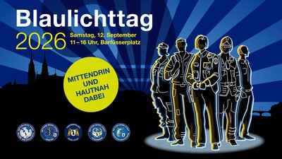 Illustration von Menschen in Uniformen vor einer Stadtsilhouette.