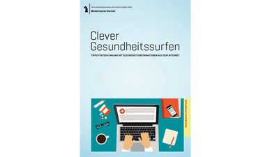 Poster mit Gesundheitsinformationen, Laptop und Medizinbild.