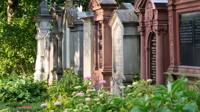 Reihe von Grabsteinen auf einem Friedhof mit Blumen im Vordergrund.