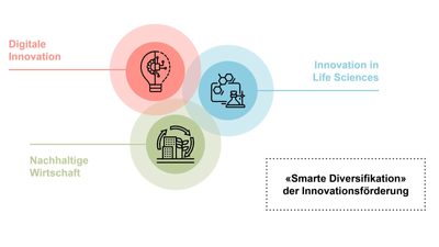 Mit drei Icons wird die Digitale Innovation, die Innovation in Life Sciences und die Nachhaltige Wirtschaft dargestellt. In einem Kästchen steht "Smarte Diversifikation der Innovationsförderung".