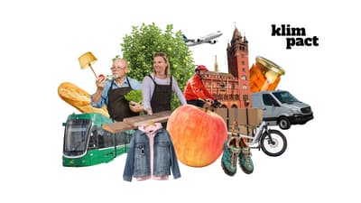 Collage aus Menschen, Lebensmitteln, Fahrzeugen und Gebäuden.
