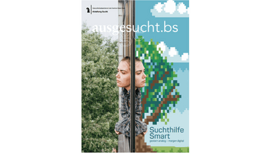 Person schaut aus dem Fenster, rechts digitales Bild eines Baums.