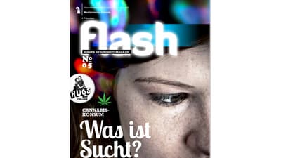 Titelbild eines Magazins mit dem Thema Sucht und Cannabis.",