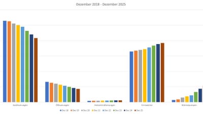 Balkendiagramm der Entwicklungen von 2018 bis 2025 in verschiedenen Kategorien.