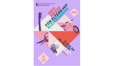 Plakat für Infomesse für Eltern mit Kleinkindern, lila Hintergrund.