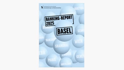 Ranking-Report 2025 Basel auf blauem Hintergrund mit Städtenamen auf Kugeln.