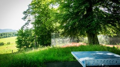 Tischtennisplatte im Freien mit grüner Landschaft.