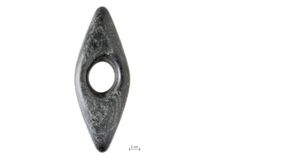 Auf zwei Seiten spitz zulaufender dunkler Serpentinit mit einem Loch in der Mitte (Lochaxt) auf weissem Hintergrund mit Massstab 1cm