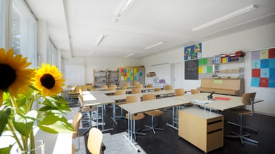 Leeres Klassenzimmer mit Sonnenblumen und Reihen von Tischen und Stühlen.