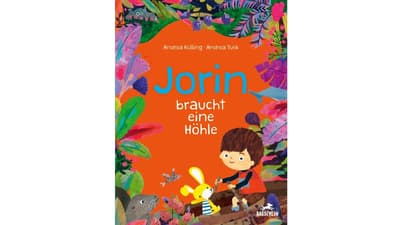 Buchcover 'Jorin braucht eine Höhle' mit Illustrationen von Wald und Kind.