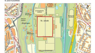 Karte von St. Jakob mit Sportfeldern und Umgebung in Basel.