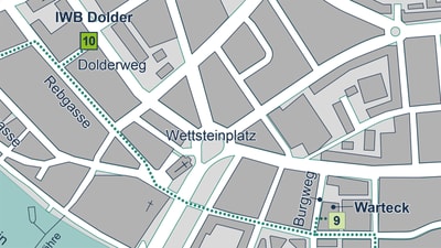 Strassenkarte eines Stadtgebiets mit Beschriftungen und Wegmarkierungen.