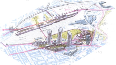 Architektonische Skizze einer urbanen Entwicklung mit hohen Gebäuden und Verkehrsnetzen.",