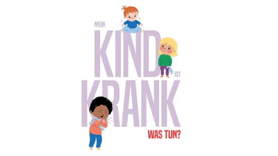 Illustration von drei kranken Kindern, Schriftzug 'Mein Kind ist krank, was tun?'."  