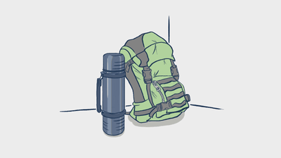 Illustration eines Rucksacks und einer Thermoskanne.