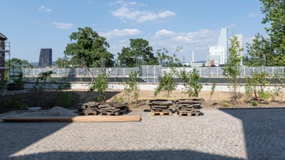 Paletten und Bretter auf Kopfsteinpflaster mit Bauzaun und Gebäuden im Hintergrund.