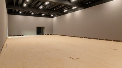 Leerer Raum mit Holzboden und Deckenbeleuchtung.