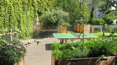 Grüner Garten mit Tischtennistisch und Pflanzkästen.