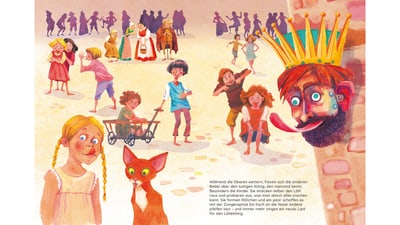 Illustration einer fröhlichen Szene mit Kindern, einem König und einem Fuchs auf einem Platz.