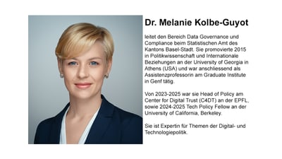 Kurzporträt von Melanie Kolbe-Guyot mit Informationen zu ihrer beruflichen Laufbahn im Bereich Datenpolitik.