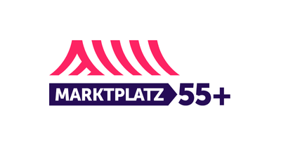 Logo mit Text MARKTPLATZ 55+ und Symbol eines Marktdachs.