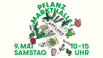 Illustration eines Pflanzmarktes mit Datum und Uhrzeit.