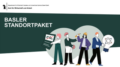 Illustration von Menschen mit Werkzeugen und einem CO2-Schild, Basler Standortpaket.