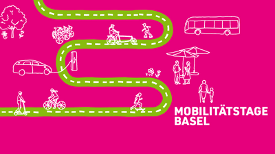 Illustration von Mobilitätstagen in Basel, grüner Weg mit Verkehrsmitteln auf pinkem Hintergrund.