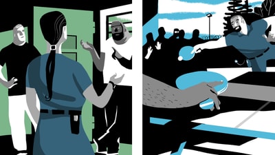 Illustration einer Fachfrau Justizvollzug in Türöffnung und Menschen, die Tischtennis spielen.