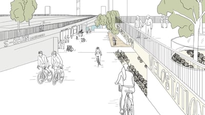 Illustration von einer Fahrradstation mit Menschen, die Fahrrad fahren und spazieren.