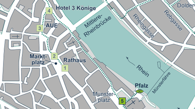 Kartographische Darstellung des Stadtzentrums mit Fluss und wichtigen Gebäuden markiert.