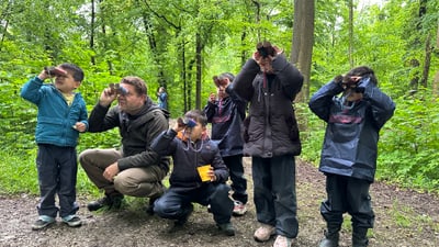 Gruppe von Kindern mit Ferngläsern im Wald mit einem Erwachsenen.