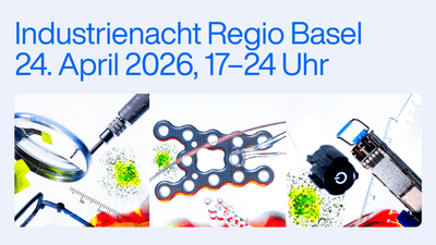Werbung für Industrienacht Regio Basel 2026 mit technischen Gegenständen.