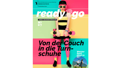 Frau mit Skateboard vor bunter Wand, Magazincover Ready Go.",