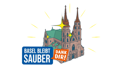 Illustration des Basler Münsters mit Text 'Basel bleibt sauber, dank dir!'