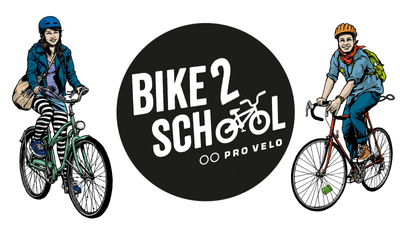 Illustration von zwei Personen auf Fahrrädern mit 'Bike 2 School' Logo.