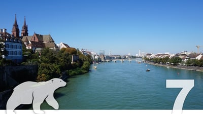 Blick auf den Rhein mit Brücke und Gebäuden.