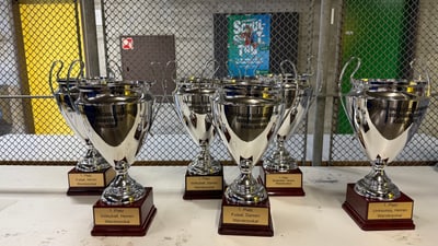 Sechs silberne Pokale auf einem Tisch vor einem Maschendrahtzaun.