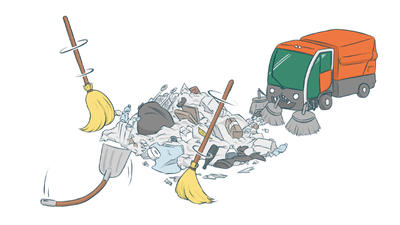 Zeichnung eines Strassenreinigungsfahrzeugs und Besen mit Müllhaufen.