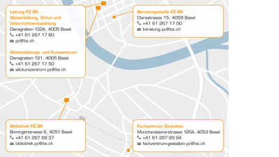 Karte mit Adressen und Kontaktdaten verschiedener Standorte in Basel, Schweiz.