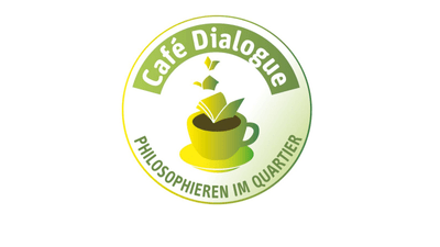 Logo von Café Dialogue mit Teetasse und Buch.