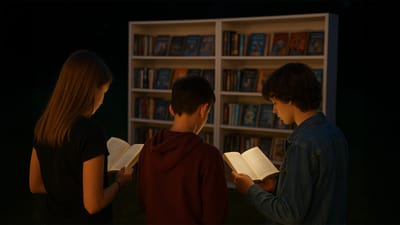 Drei Kinder lesen bei Nacht vor einem Bücherregal.