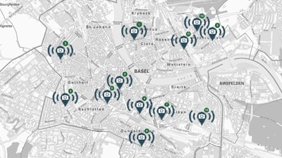 Stadtplan von Basel mit markierten Überwachungskameras.",