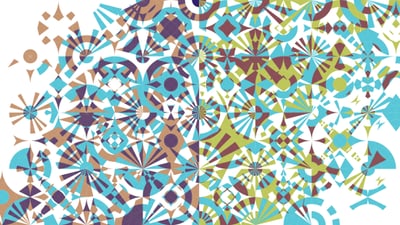 Buntes geometrisches Muster mit Kreisen und Dreiecken.