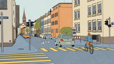 Strassenszene mit Radfahrer und Autos an einer Kreuzung.