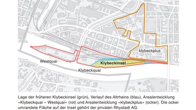 Karte des Klybeckareals mit Arealentwicklungen und Flussverlauf in verschiedenen Farben markiert.