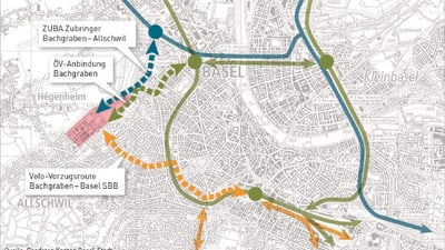 Karte mit Schlüsselprojekten Zubringer Bachgraben-Allschwil, Velovorzugsroute Bachgraben-Basel SBB und Tram Bachgraben