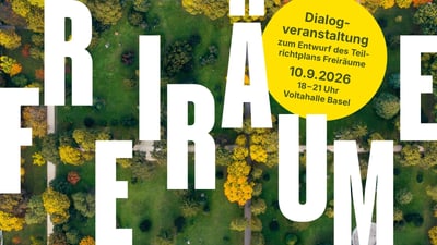 Luftbild Kannenfeldpark mit Bäumen und Textüberlagerung.