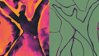 Abstrakte Kunst mit figürlichen Formen und leuchtenden Farben.